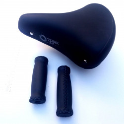 Bundle of Bicycle Classic Coil Spring saddle and real leather handlebar grips in BLACK
