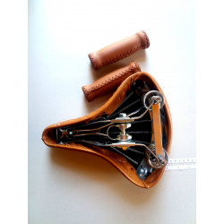 Bundle of Bicycle Classic Coil Spring saddle and real leather handlebar grips in BROWN